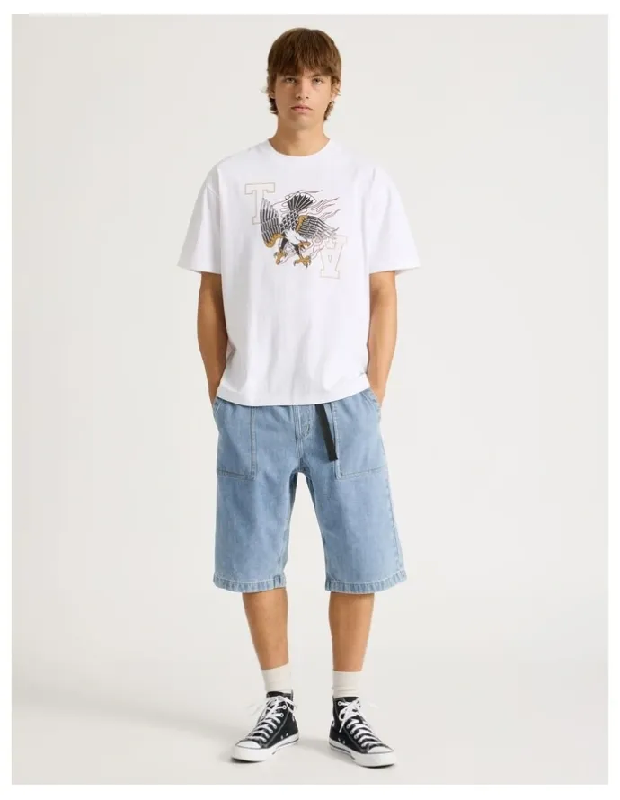 There After Denim Shorts with Built-In Belt in Light Blue