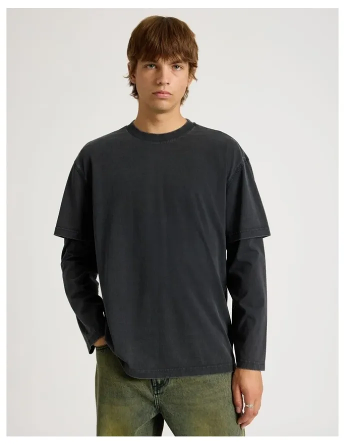 There After Double Layer Long Sleeve Tee in Charcoal