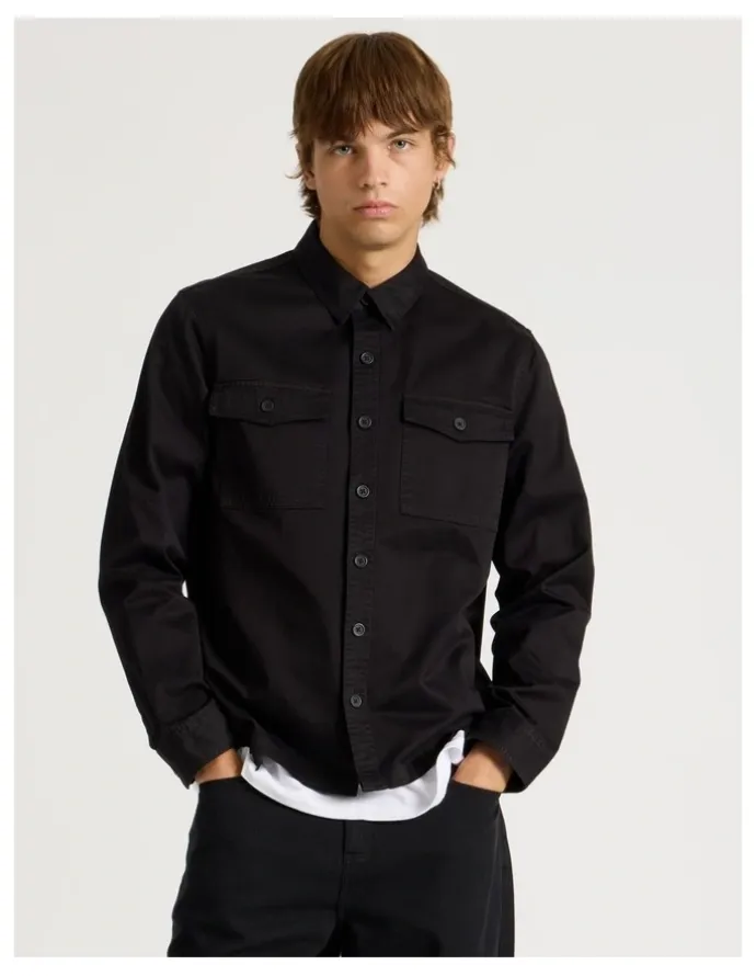 There After Double Pocket Long Sleeve Shirt in Black
