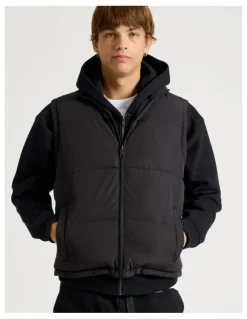 There After Embroidered Logo Reversible Puffer Vest in Khaki