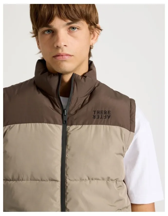 There After Embroidered Logo Reversible Puffer Vest in Brown