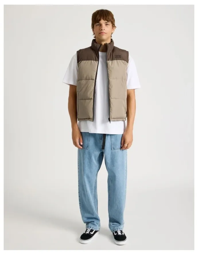 There After Embroidered Logo Reversible Puffer Vest in Brown