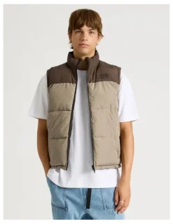 There After Embroidered Logo Reversible Puffer Vest in Brown