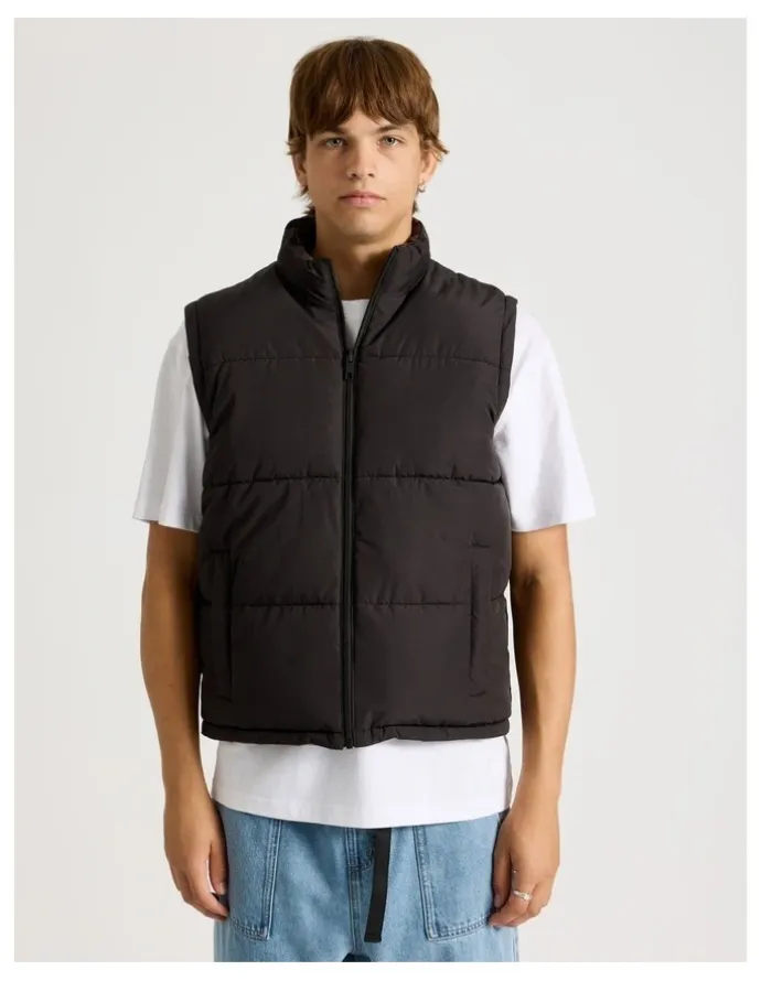 There After Embroidered Logo Reversible Puffer Vest in Brown