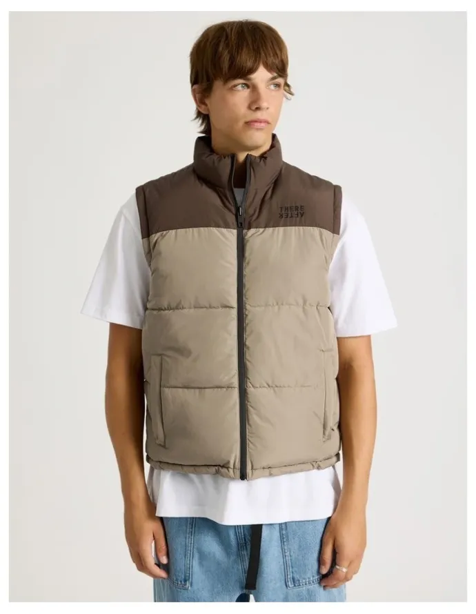 There After Embroidered Logo Reversible Puffer Vest in Brown