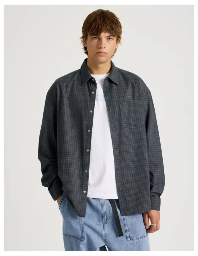 There After Lightweight Check Long Sleeve Shirt in Charcoal