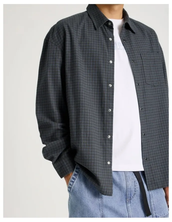 There After Lightweight Check Long Sleeve Shirt in Charcoal