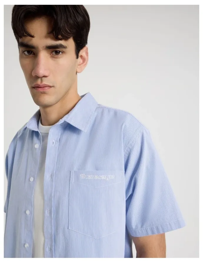 There After Logo Short Sleeve Shirt in Light Blue Stripe