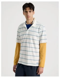 There After Logo Short Sleeve Polo in White Stripe