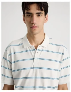 There After Logo Short Sleeve Polo in White Stripe