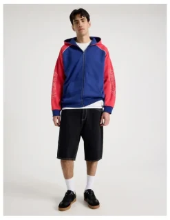 There After Oversized Sports Panel Hooded Sweat in Blue and Red