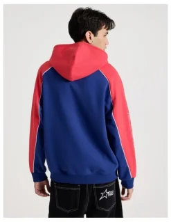 There After Oversized Sports Panel Hooded Sweat in Blue and Red