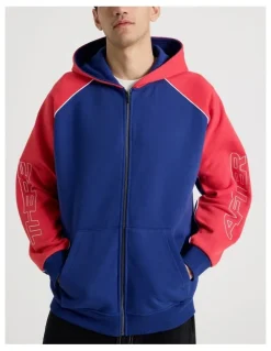 There After Oversized Sports Panel Hooded Sweat in Blue and Red