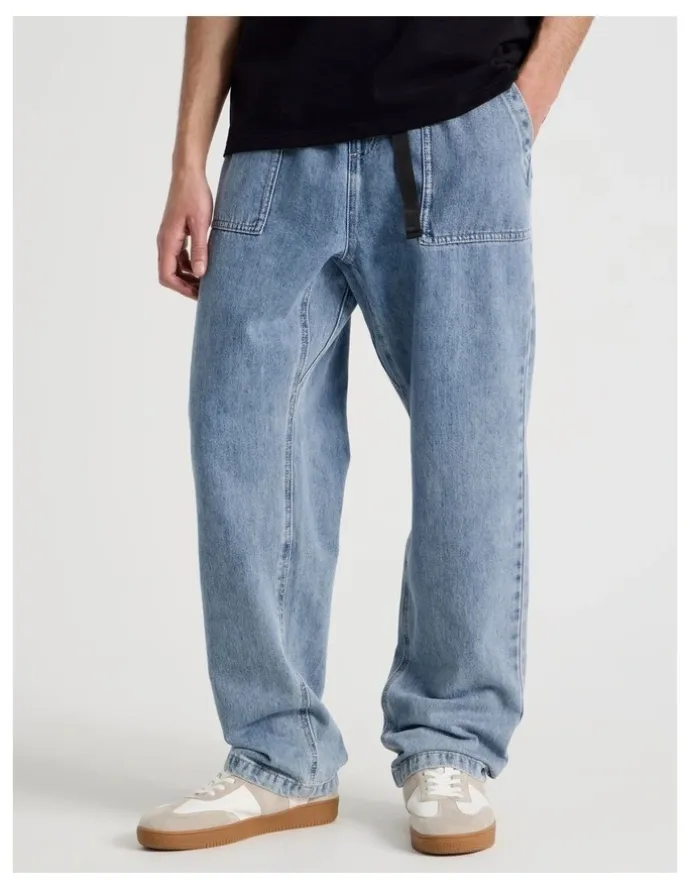 There After Straight Leg Denim Jeans with Built-In Belt in Light Blue