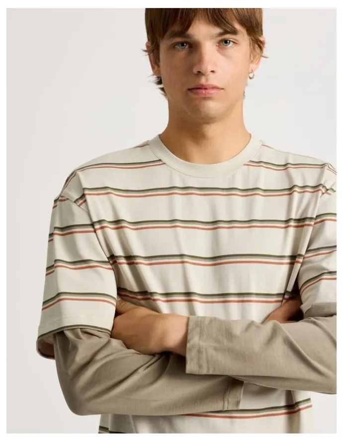 There After Striped Double Layer Long Sleeve Tee in Stone