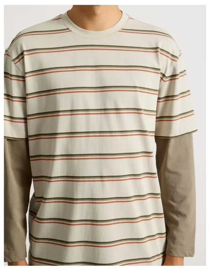 There After Striped Double Layer Long Sleeve Tee in Stone