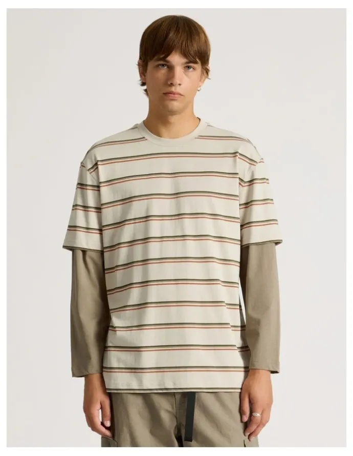 There After Striped Double Layer Long Sleeve Tee in Stone
