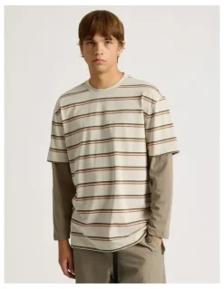 There After Striped Double Layer Long Sleeve Tee in Stone