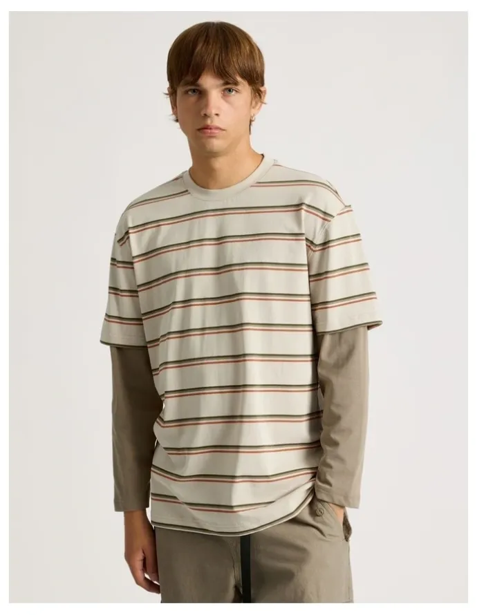 There After Striped Double Layer Long Sleeve Tee in Stone