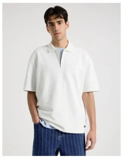 There After Zip Front Short Sleeve Polo in White