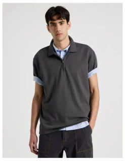 There After Zip Front Short Sleeve Polo in Grey