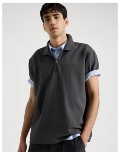 There After Zip Front Short Sleeve Polo in Grey