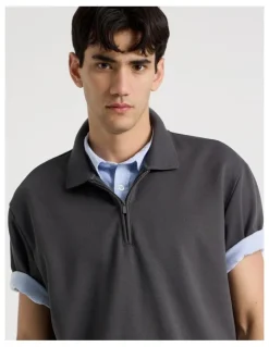 There After Zip Front Short Sleeve Polo in Grey