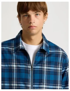 There After Zip Through Long Sleeve Check Shirt in Cobalt