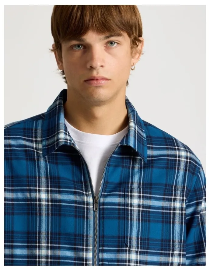 There After Zip Through Long Sleeve Check Shirt in Cobalt