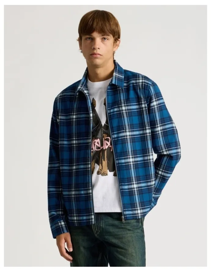 There After Zip Through Long Sleeve Check Shirt in Cobalt