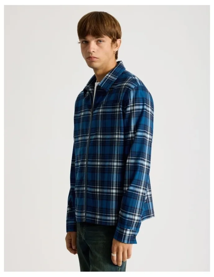 There After Zip Through Long Sleeve Check Shirt in Cobalt