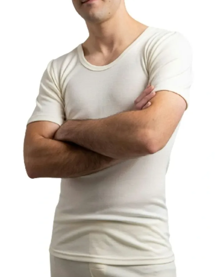 Thermo Fleece Merino Wool Blend Short Sleeve Thermal Top in Beige