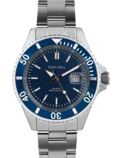 Tony+Will Diver Navy Face Watch in Silver