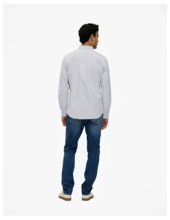 Trenery Regular Fit Wide Stripe Oxford Shirt in Blue Marble