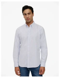 Trenery Regular Fit Wide Stripe Oxford Shirt in Blue Marble