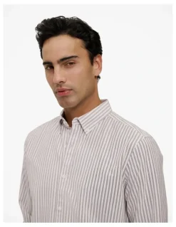 Trenery Regular Fit Wide Stripe Oxford Shirt in Coffee