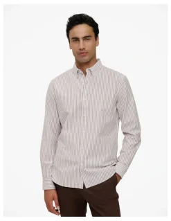 Trenery Regular Fit Wide Stripe Oxford Shirt in Coffee