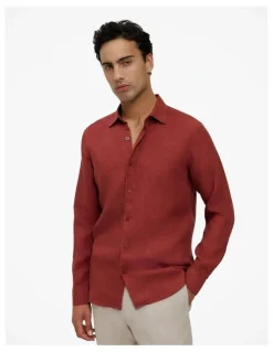 Trenery Tailored Fit Delave Linen Shirt in Russet