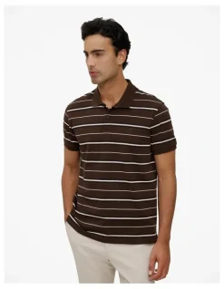 Trenery Australian Cotton Pique Stripe Polo in Coffee