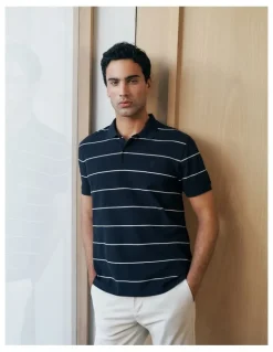 Trenery Pique Stripe Monogram Polo in Navy