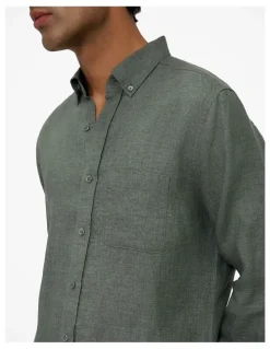 Trenery Regular Fit Delave Linen Shirt in Evergreen