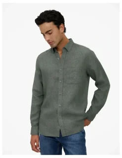 Trenery Regular Fit Delave Linen Shirt in Evergreen
