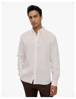 Trenery Regular Fit Delave Linen Fine Stripe Shirt in White