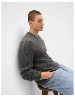 Unison Cable Crew Knit T-shirt in Grey