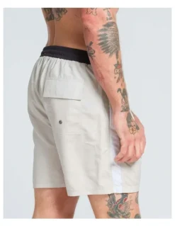 Vacancy Co Side Stripe Swim Shorts in Beige