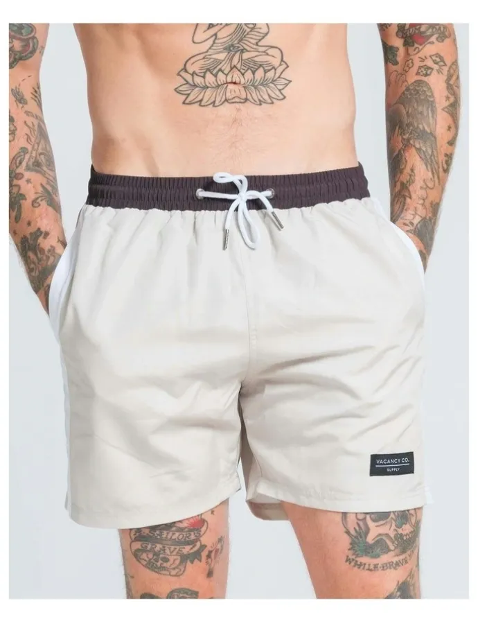 Vacancy Co Side Stripe Swim Shorts in Beige
