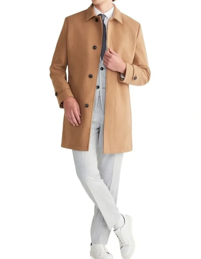 Van Heusen Black Label 4 Button Melton Overcoat in Tan