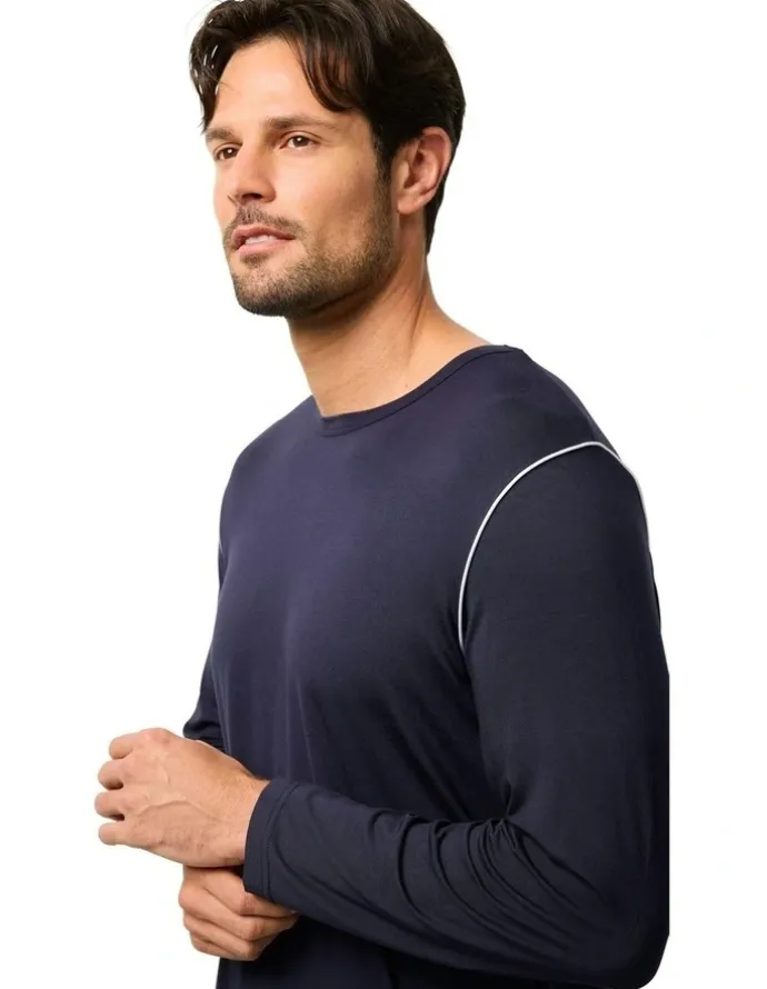 Wanderluxe Sleepwear Nox Tencel Modal Long Top And Long Pants in Navy