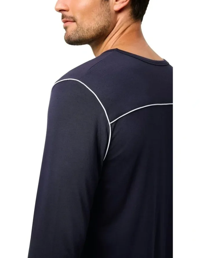 Wanderluxe Sleepwear Nox Tencel Modal Long Top And Long Pants in Navy